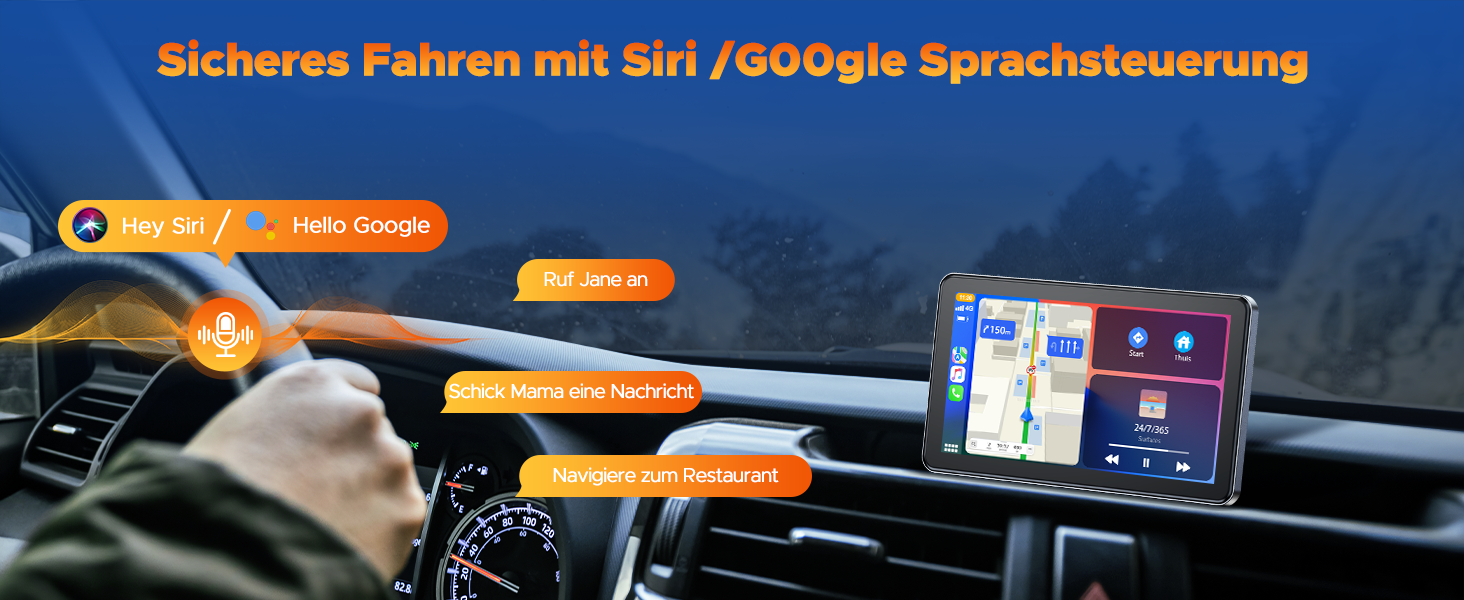 Volam Бездротовий CarPlay/Android Auto дисплей 7 дюймів, сенсорний екран, Mirror Link, навігація, музика, Siri, Google Асистент, Bluetooth 5.0, AUX, FM