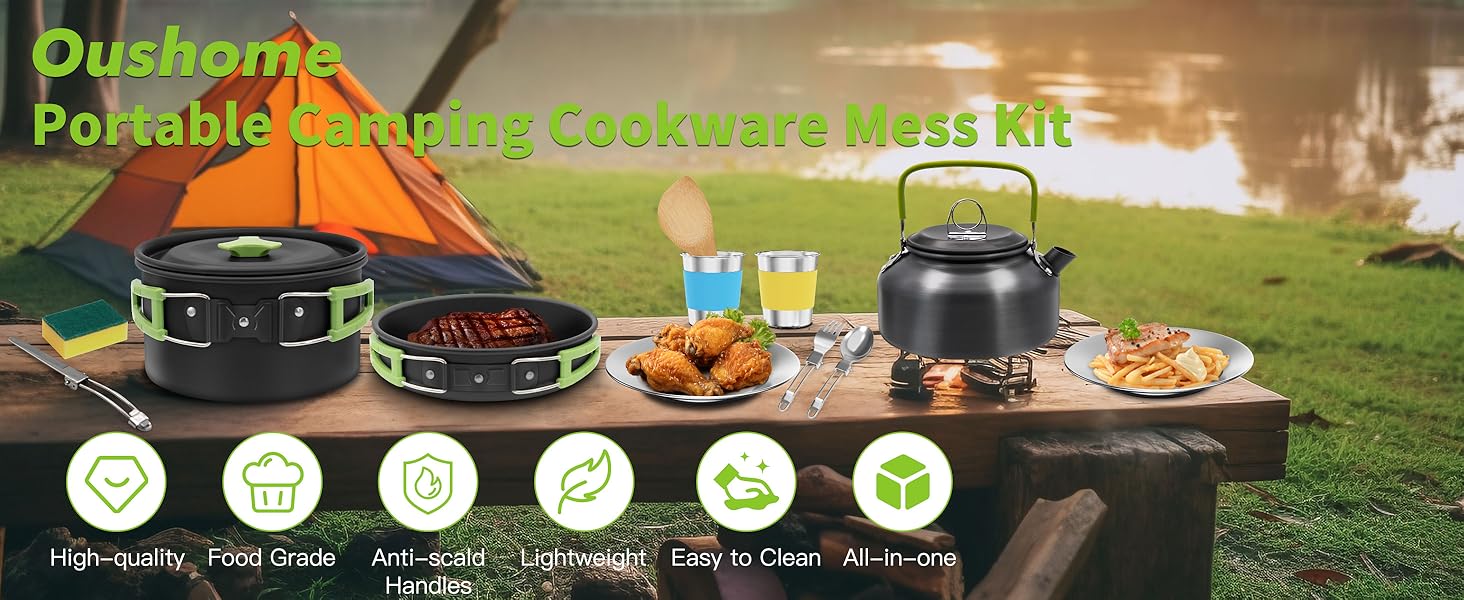 Oushome 16-Piece Camping Cookware Set for 2 People - Portable Cooking Set with Pots, Pans, Kettle, Cups, Plates - Green