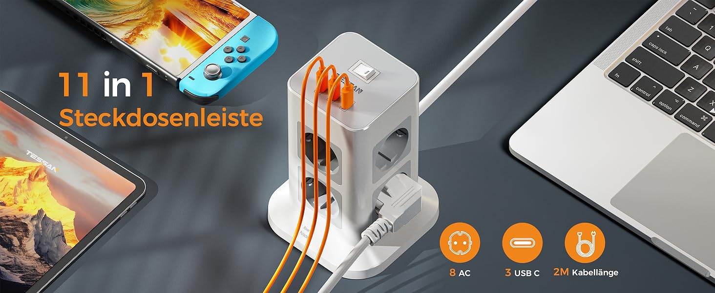 Блок розеток TESSAN з захистом від перенапруги, 3600W, 16A, 8 розеток, 3 USB-C, 2M, сірий