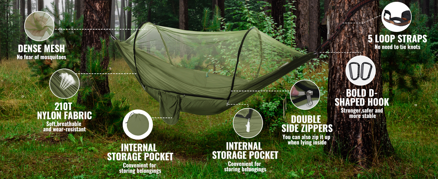 Легка туристична гамак з москітною сіткою, 300 кг | Гамак для кемпінгу, подорожей, рюкзаків, туризму, саду (270x140 см)