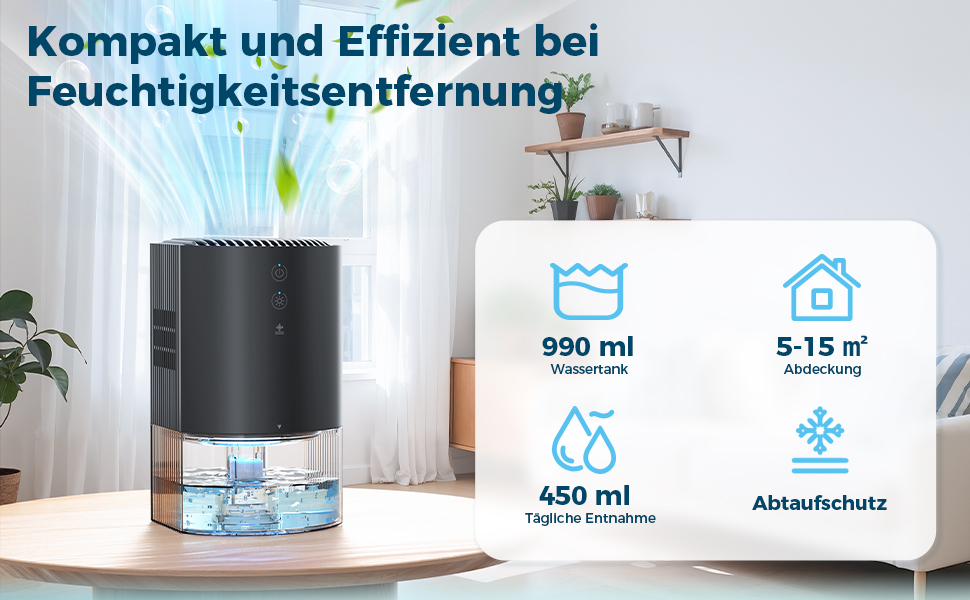Електричний осушувач повітря AROEVE 990мл з 7-кольоровим підсвічуванням, автоматичним вимкненням та захистом від пролиття - для дому, шафи, ванної кімнати та кухні