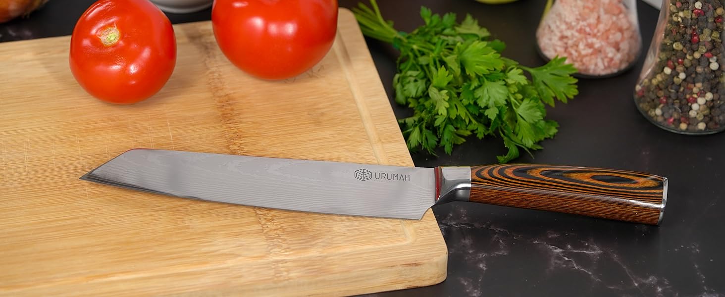 Японський ніж Kiritsuke від URUMAH: професійний ніж шеф-кухаря з високоякісної сталі 7CR17MoV з дерев'яною ручкою. У подарунковій коробці з захистом леза.