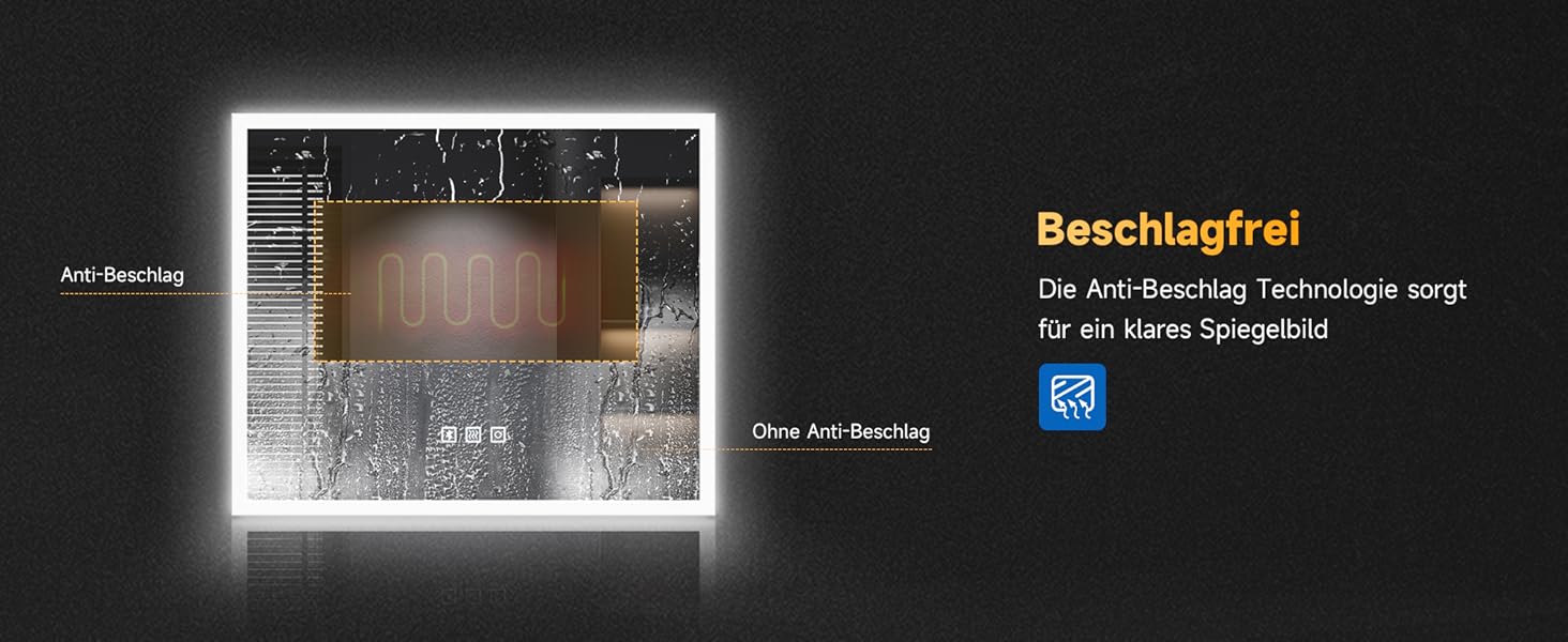 Дзеркало для ванної кімнати SONNI з LED-підсвічуванням, 100 x 60 см, антизапарник, IP44, сенсорне керування, 3 кольори світла, білий