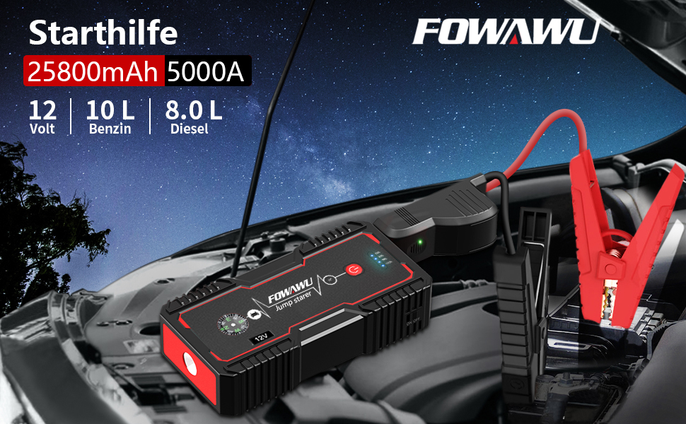 Бустерний пускач автомобіля FOWAWU 2500A 22800mAh для бензинових двигунів до 8л та дизельних до 6.5л, портативний Jump Starter