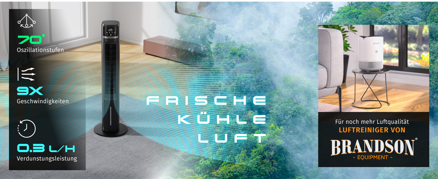 Вентилятор з водяним охолодженням Brandson ECO Design – тихий DC мотор, 9 швидкостей, таймер, іонізація, пульт керування (чорний)