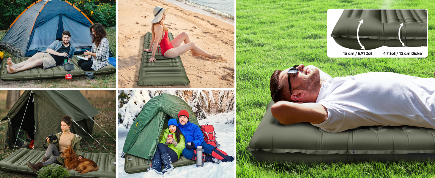 Arlierss Self-Inflating Camping Sleeping Pad with Foot Pump & Pillow - 12cm Thick, Ripstop, Portable, Outdoor, Hiking, Travel, Beach - Army Green