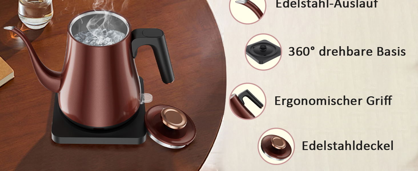 Електричний чайник Schwswanenhals 1.0L, ретро-дизайн, нержавіюча сталь, 1000W, автоматичне відключення, захист від перегріву, BPA-free, колір: темна мідь