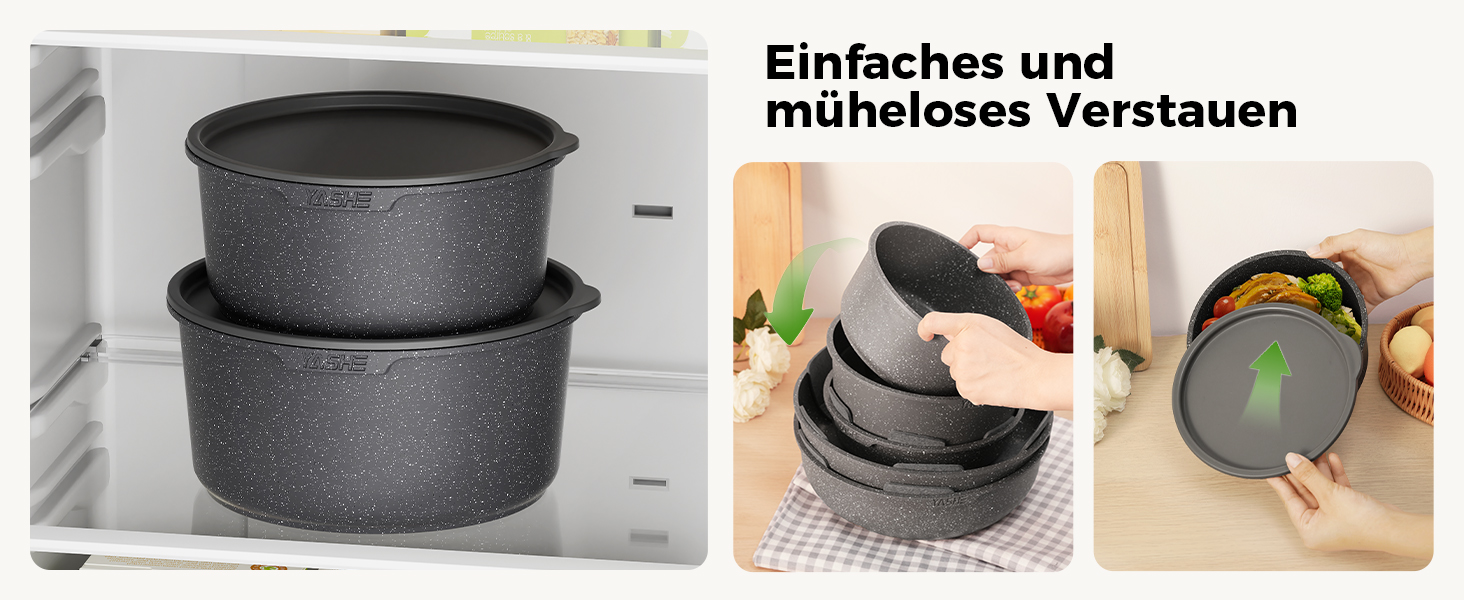 Набір каструль YASHE 20 предметів з антипригарним покриттям, знімні ручки, для індукційних плит, сумісний з духовкою до 230°C, можна мити в посудомийній машині, стійкий, ідеальний для сімей, сірий