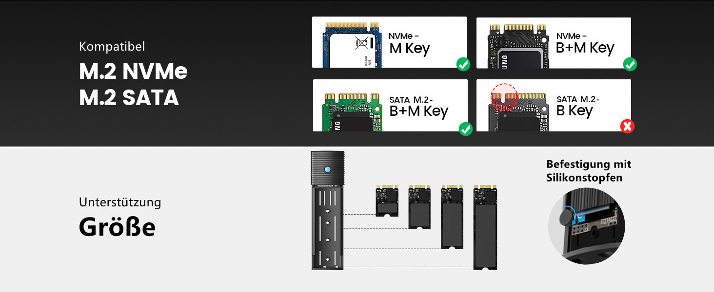 Зовнішній корпус-адаптер ORICO для M.2 NVMe та SATA SSD, USB 3.2 Gen 2 10Gbps, PCIe/NGFF B+M Key (2230/2242/2260/2280), алюмінієвий, без інструментів, PWDM2-BK, чорний