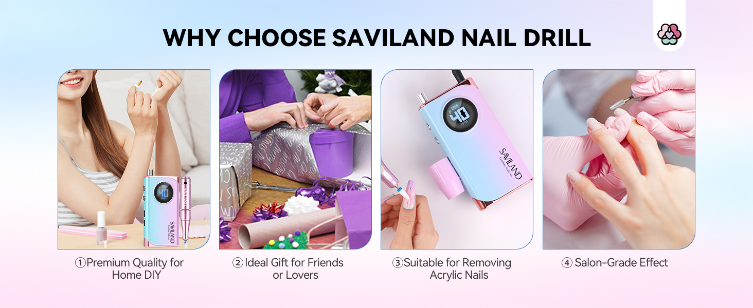 Електрична фрезер для нігтів Saviland 40000 об/хв, 12 в 1, професійний манікюр/педикюр, 4000mAh, USB, портативна, з набором фрезерних насадок, градієнтний колір