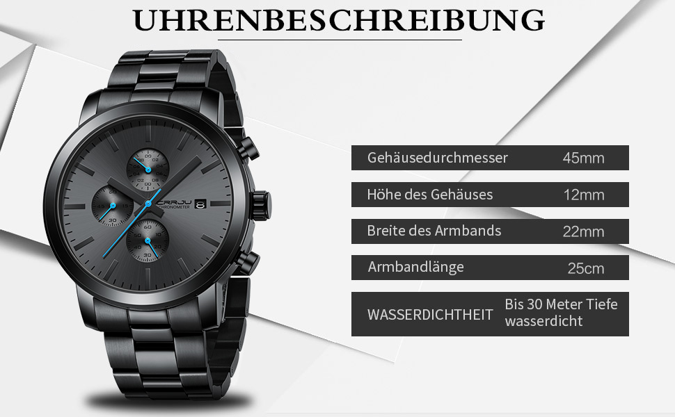 Чоловічий годинник CRRJU з хронографом, сталевий браслет, водонепроникний, чорний, з датою, аналоговий кварцовий годинник для бізнесу, чорно-синій