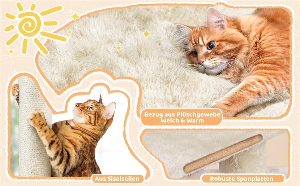 Дерево для котів Yaheetech 87 см, котячий комплекс з оглядовою платформою, лежаком та печереєю, сизаль, бежевий