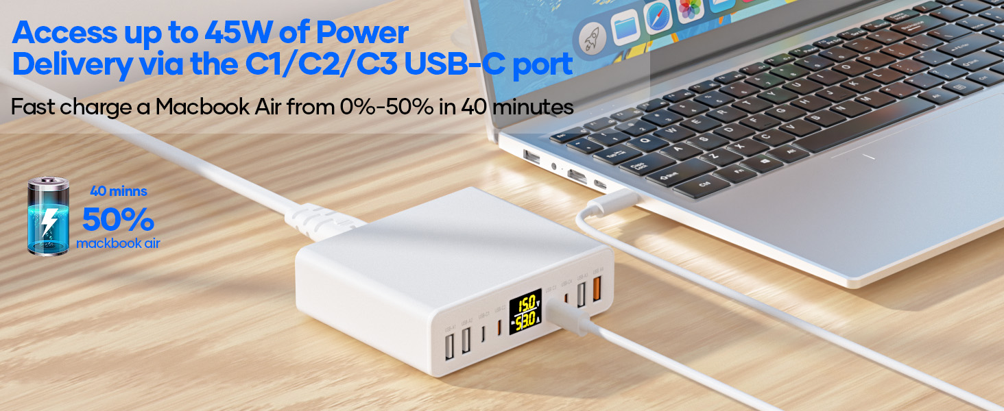 Зарядний пристрій USB-C багатопортовий 8 портів 200W GAN YSYFAD з LED індикатором, PD PPS Type-C, QC3.0, швидка зарядка для iPhone, iPad, MacBook, ноутбуків, білий