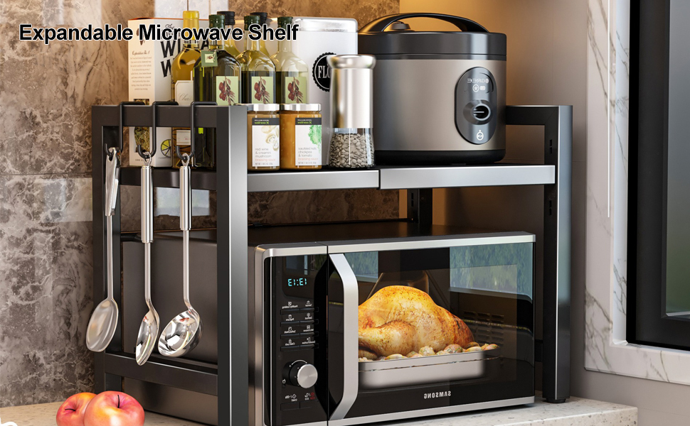 Настільний органайзер для мікрохвильової печі з 6 гачками, регульована висота та ширина, металевий, для кухні, спецій та кухонного приладдя