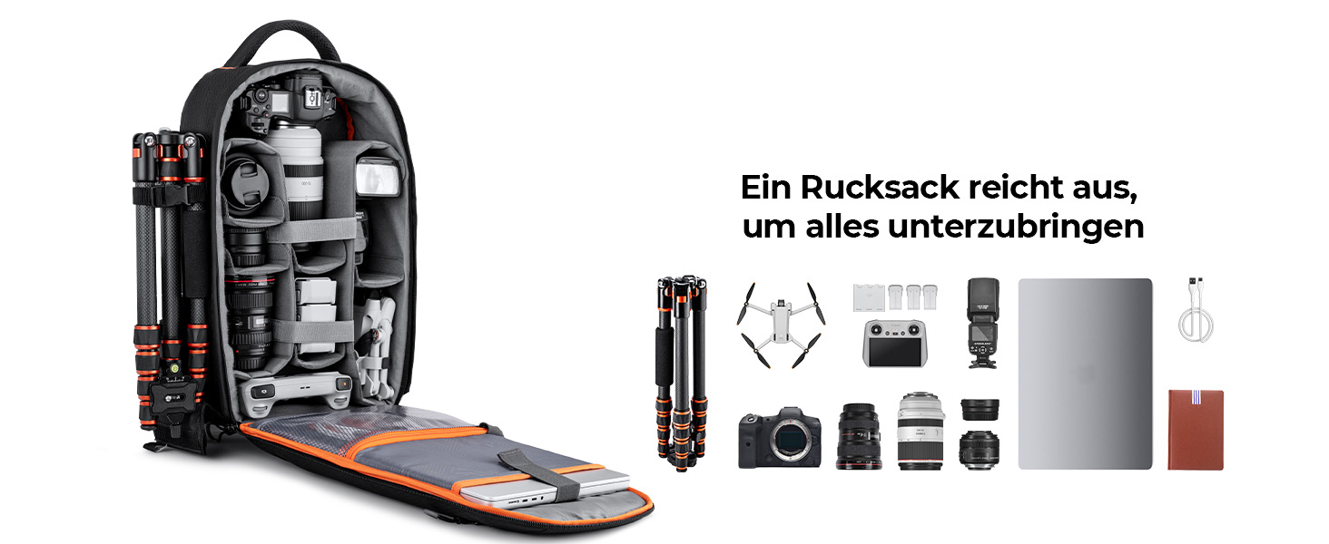 Рюкзак для фотографа K&F Concept, водонепроникний, для DSLR/SLR, об'єктивів та аксесуарів, чорний+оранжевий, 18L
