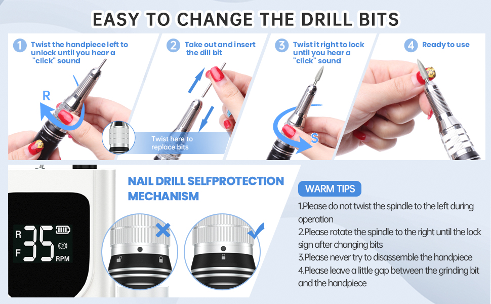 Електричний нагліфрезер Delanie 35000 об/хв для акрилових та звичайних нігтів - акумуляторний, з набором свердел, регулювання швидкості та напрямку (білий)