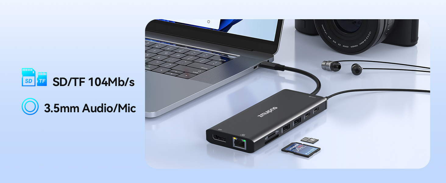 Док-станція USB-C з підтримкою двох моніторів та трьох дисплеїв, 14 в 1 для ноутбуків Dell, HP, Lenovo та інших, з 2x 4K HDMI, DisplayPort, Ethernet, 4x USB, 100W PD, USB-C Data, SD/TF, Audio/Mic (Чорний)