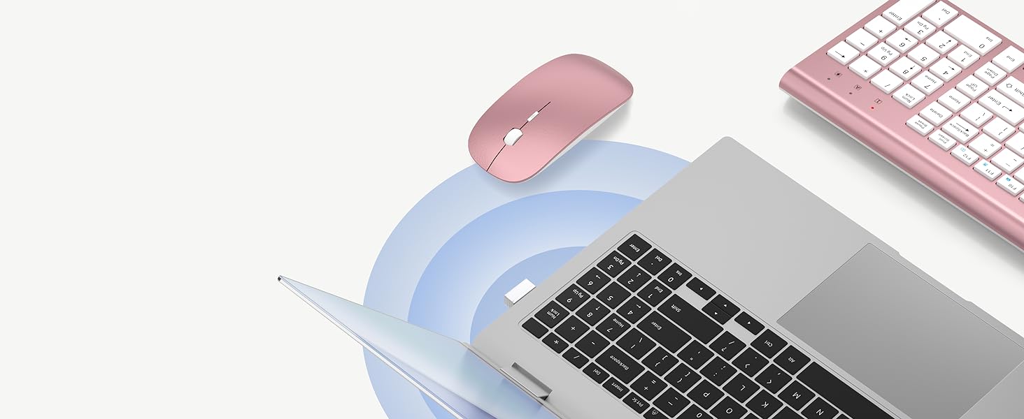 Комплект клавіатури та миші TopMate 2.4G Ultra Slim: тиха клавіатура з перемикачами Schissschalter та миша 2400DPI USB, з чохлом та батарейками AA/AAA, для ПК/ноутбука/Windows/Mac (Рожеве золото, Білий)