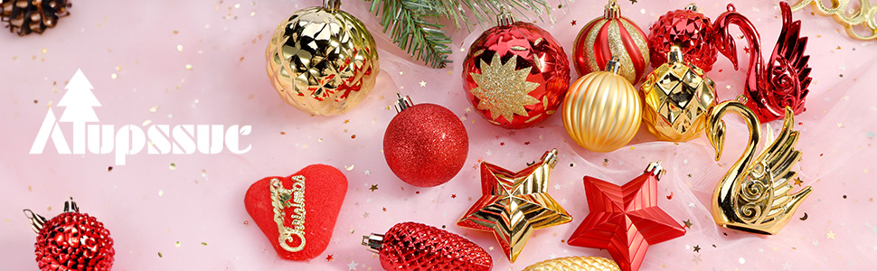 Набір прикрас для ялинки Alupssuc 128 шт: ялинкові кулі, квіти, стрічки, верхівка, гачки (чорний & золотий, синій & золотий, червоний & золотий)