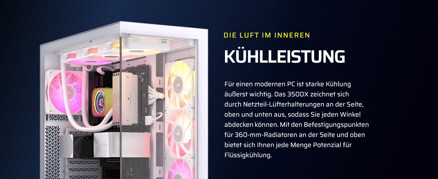 Корпус ПК CORSAIR 3500X Mid-Tower ATX з панорамним склом, підтримка перевернутої схеми материнської плати, 3 вентилятори CORSAIR RS120, білий колір