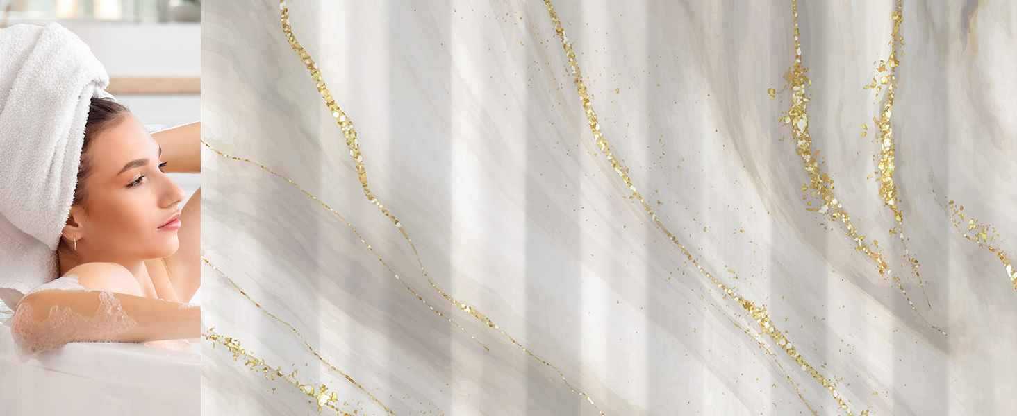 Штора для ванної кімнати 180x200 см з антигрибковим покриттям, водовідштовхувальна, поліестер, з кільцями (Phnom Penh Сірий мармур)