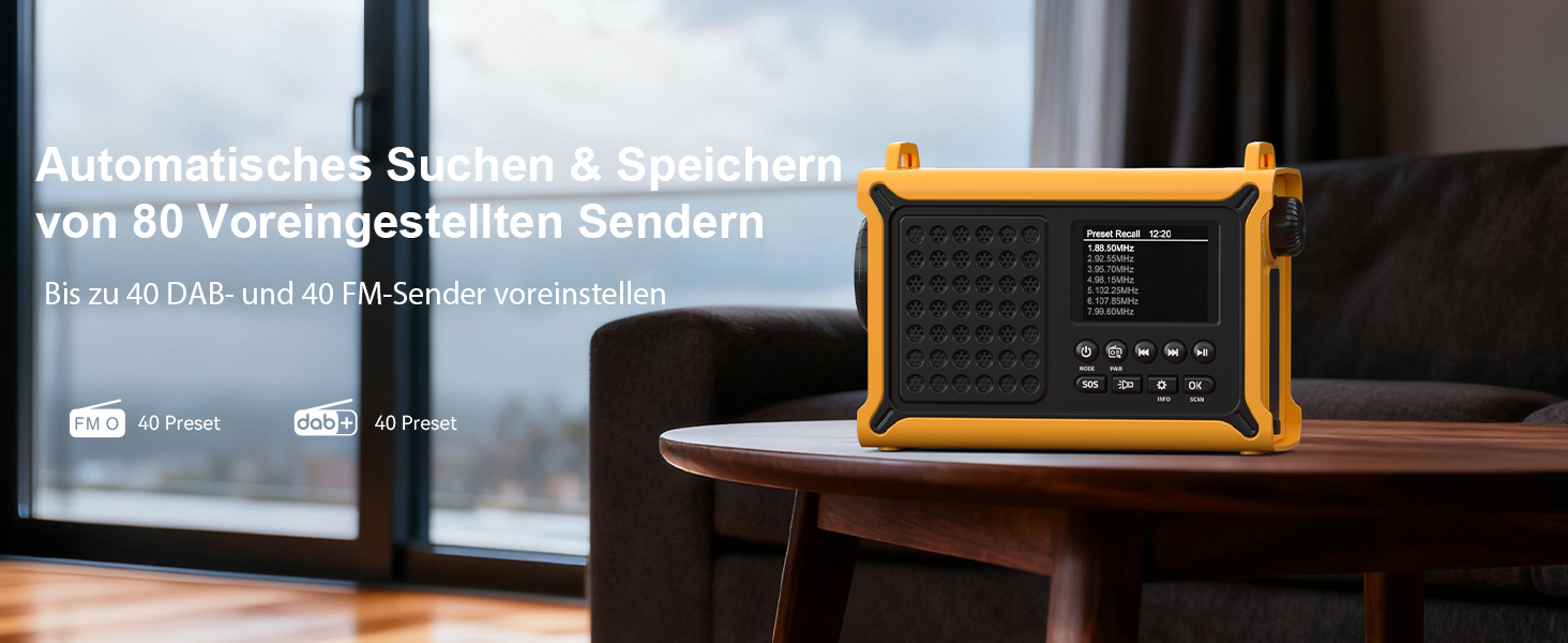 Радіоприймач Kurbelradio з DAB/DAB+/UKW, акумулятор 12000mAh, сонячна панель 8500mm², ручне радіо, Bluetooth 5.0, ліхтарик, для кемпінгу, зелений (жовтий)