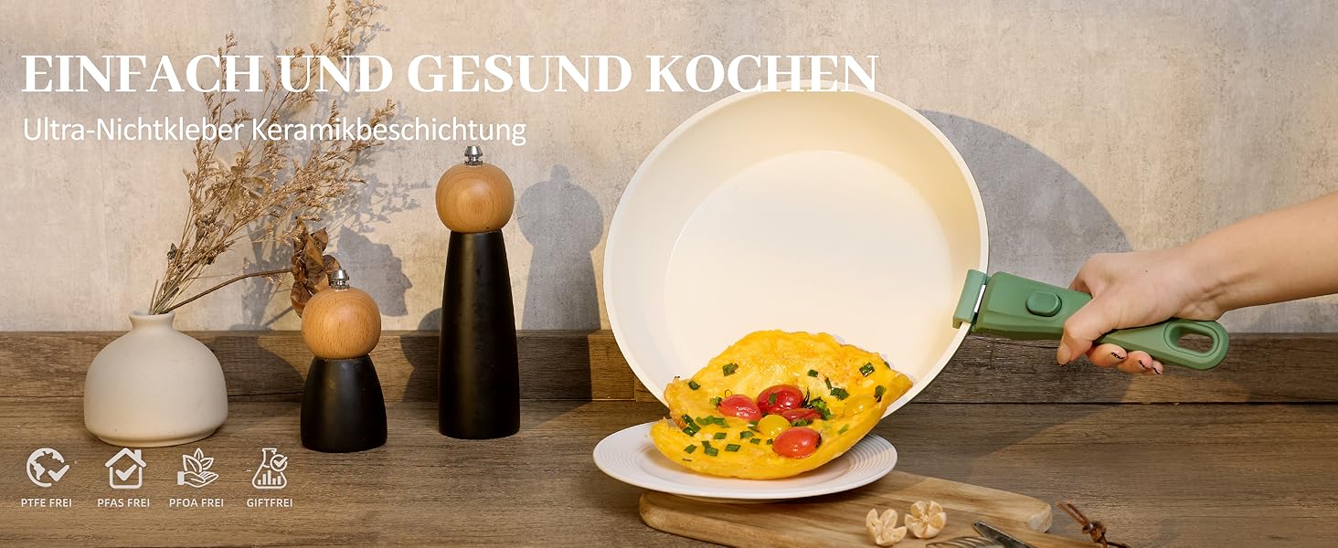 Набір посуду керамічний 23 предмети з антипригарним покриттям та знімними ручками, чорний. Підходить для всіх типів плит, включаючи індукційні. Сковороди 20/26 см, каструля 18 см, сотейник 24 см. Можна використовувати в духовці.