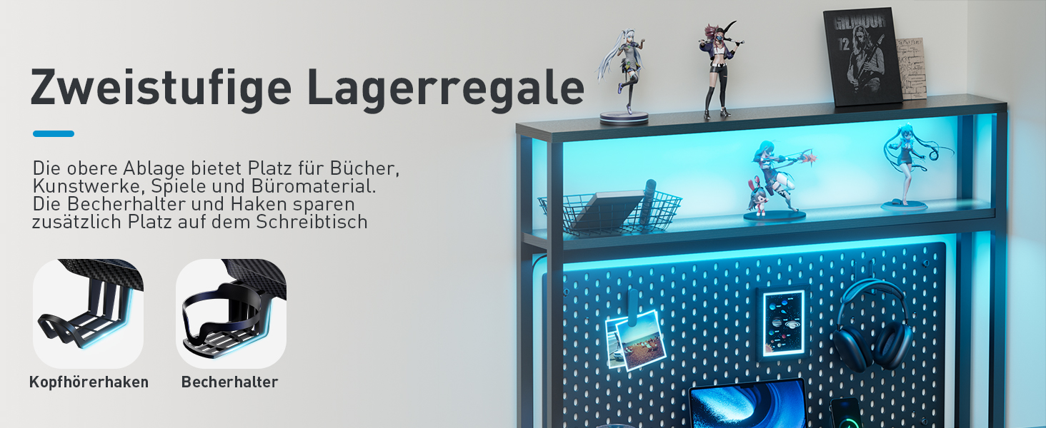 Ігровий стіл кутовий 150x100 см з 3 розетками та 2 USB, реверсивний, з LED підсвічуванням, з ящиками та підставкою для монітора, чорний