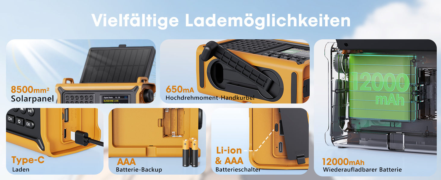 ROCAM Радіоприймач на ручку DAB+/UKW, портативне аварійне радіо з сонячною панеллю 8500 мм² та ручкою 650mA, цифрове радіо з Bluetooth, 2.4' кольоровий дисплей, 80 станцій, SOS, LED ліхтарик, USB, IPX6 для кемпінгу (Жовтий)