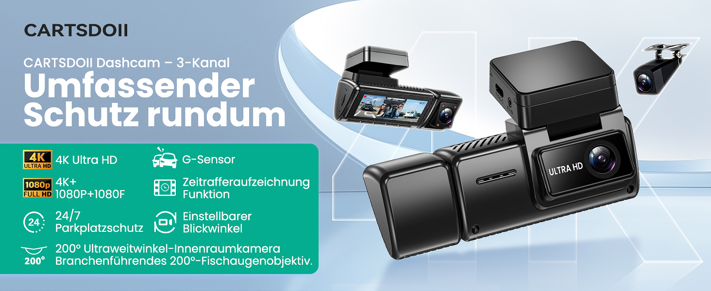 Відеореєстратор 4K автомобільний передній та задній, 3 канали, 64GB SD карта, IPS дисплей, нічна зйомка, WiFi Black-D4
