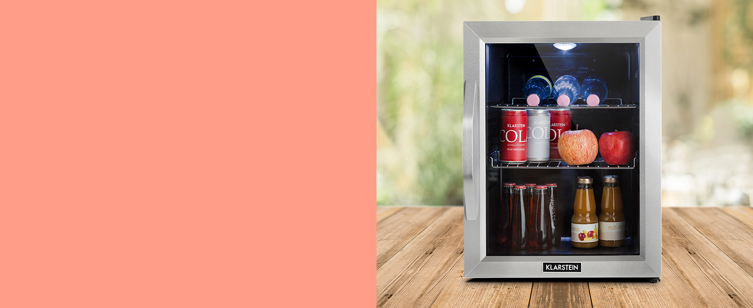 Міні-холодильник Klarstein з скляними дверцятами, 33 л, срібний, для кімнати, тихий, з регульованими полицями