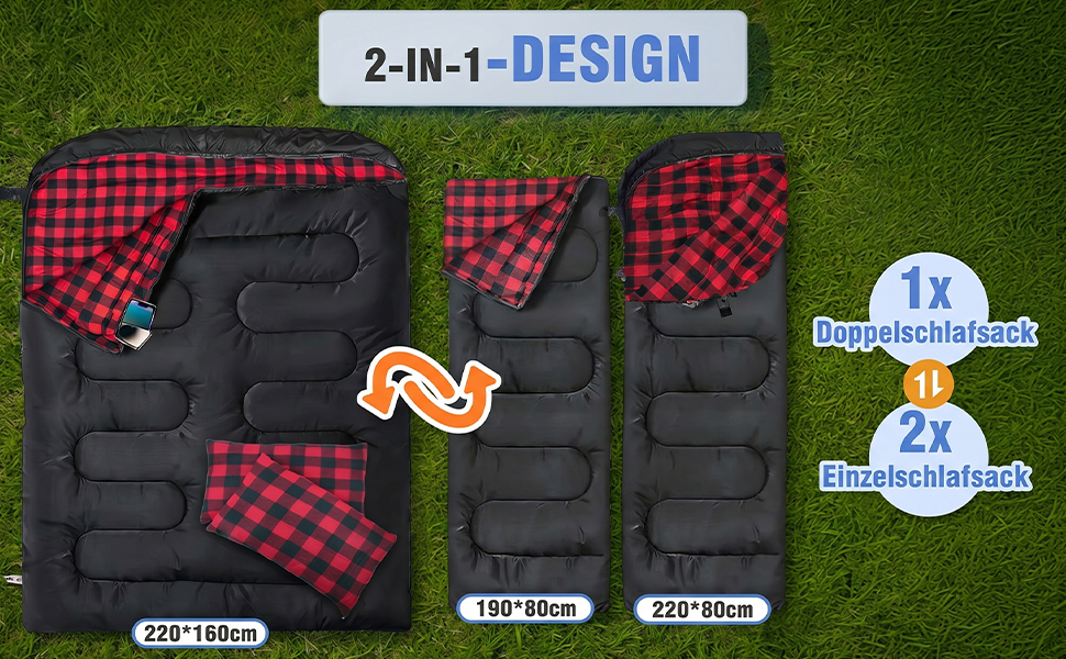 Подвійний спальний мішок з фланелі для 2 осіб Outdoor (220x160 см), тепла ковдра-спальник для дорослих з 2 подушками та сумкою для перенесення, чорний