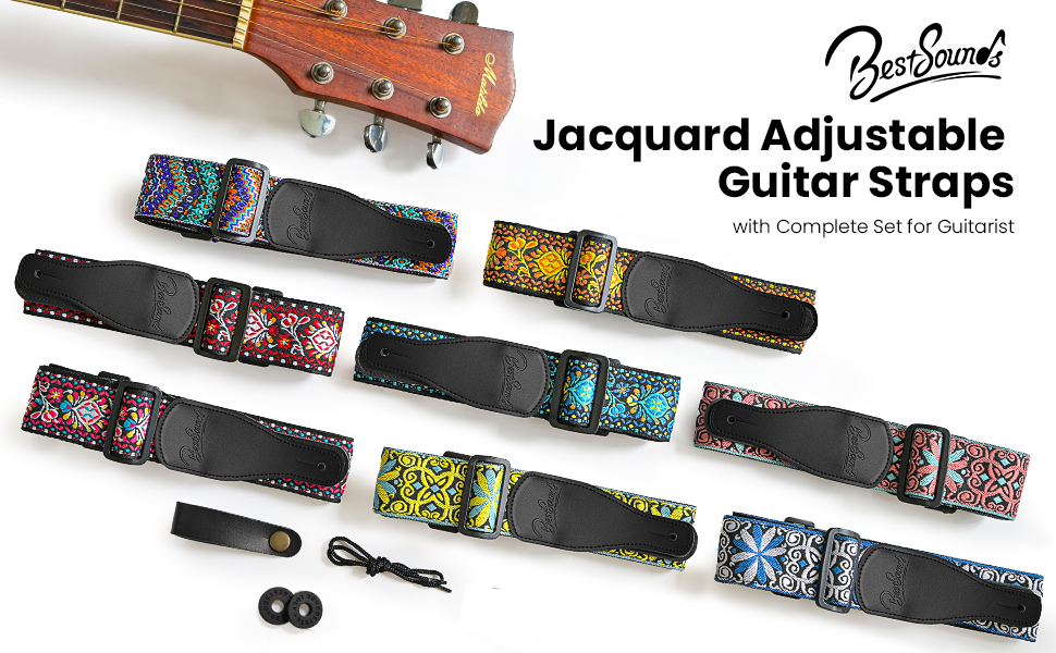 Гітарний ремінь Jacquard з бавовни з шкіряними кінцями для бас-гітари, акустичної та електрогітари, жовтий