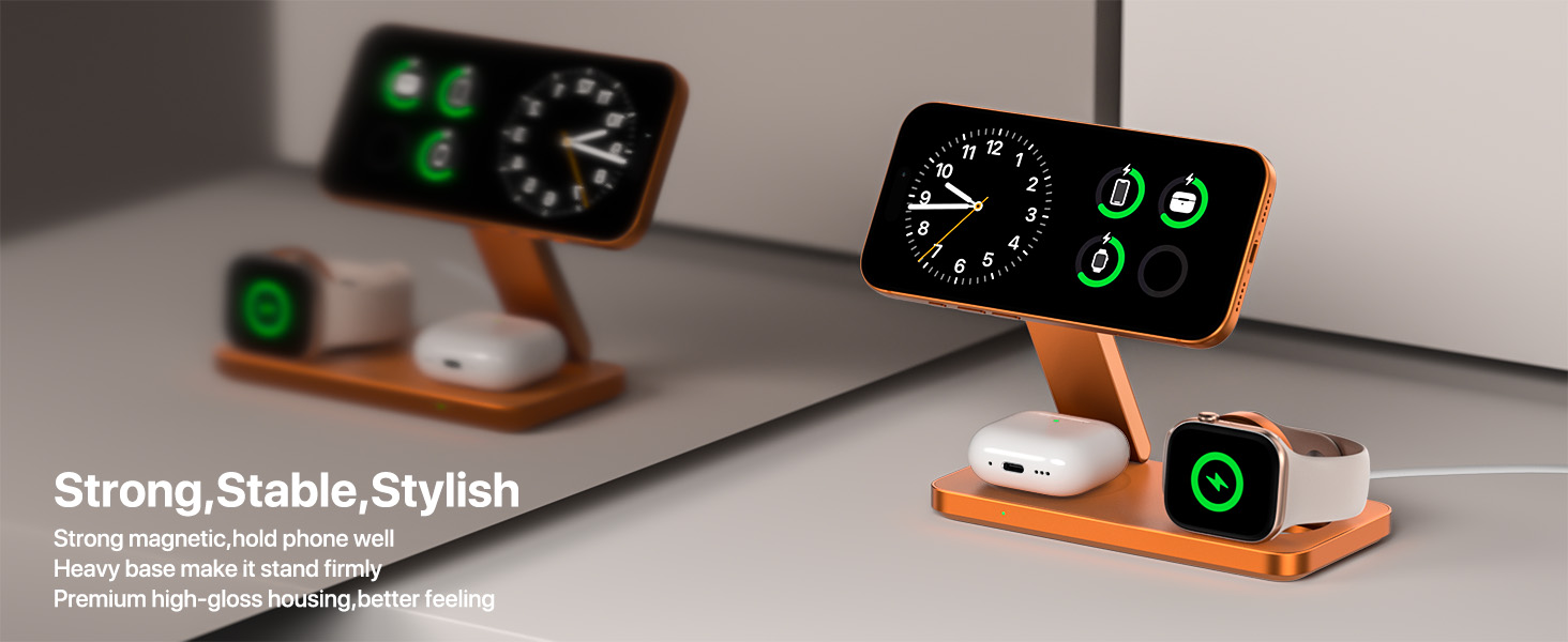 Бездротова зарядна станція 3 в 1 для Apple iPhone 17/16/15/14/13/12, Apple Watch Ultra/11/10/SE та AirPods 4/3/2, сумісна з MagSafe, складана, помаранчева