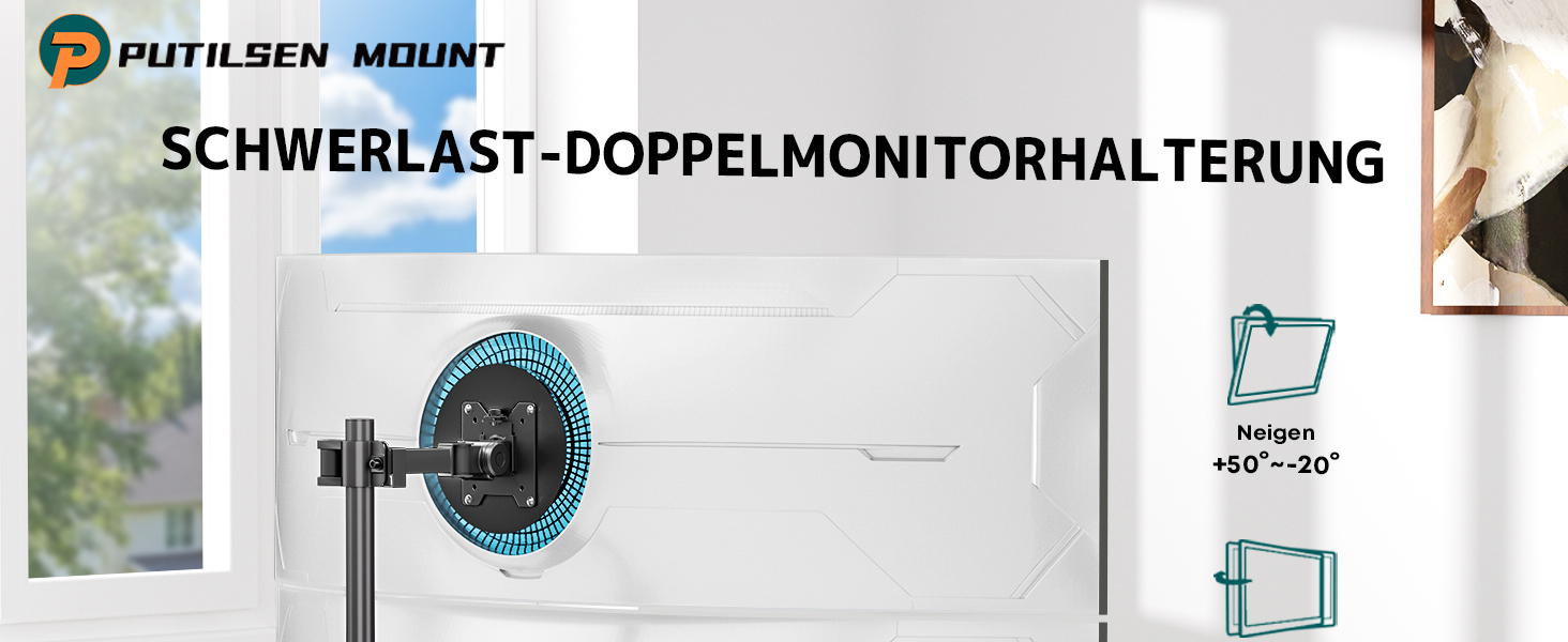 Кронштейн для двох моніторів один над одним, регульований стійка Dual-Arm для плоских та вигнутих екранів 17-49 дюймів, до 20 кг на руку, VESA 75/100 мм, чорний (подовжений варіант)