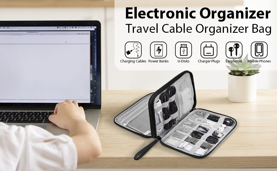 Організатор для аксесуарів Arae Elektronik: кабельна сумка, Travel Essentials, подвійний шар, для зарядних пристроїв, USB, SD картки (Синій, L) Сірий L