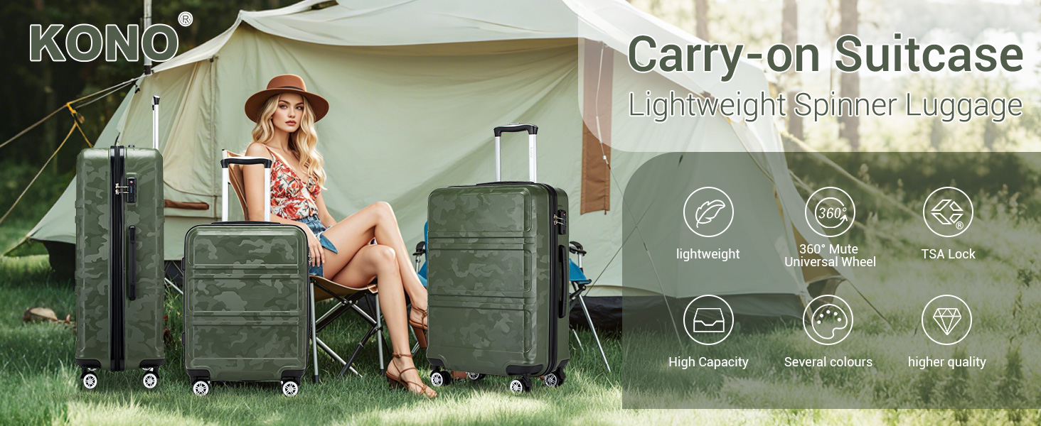 Чемодан-тележка KONO з ABS+PC - легкий валіз з 4 колесами, TSA-замком, для подорожей, бізнесу та сімейного відпочинку (M (52cm), Зелений/Камуфляж)