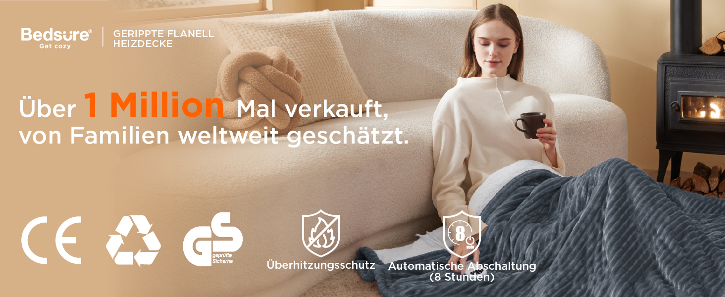 Електрична ковдра BEDSURE з автовимкненням 130x180 см - тепла ковдра з 6 режимами нагріву та таймером 10 годин, захист від перегріву до 8 годин, для дому та офісу, смугаста сіра 130 x 180 см