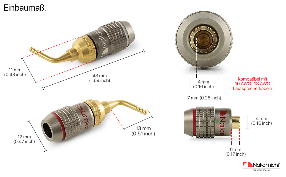 Бананові роз'єми Nakamichi FanLock Excel-Serie, 24K позолочені штекери 2мм для акустичних кабелів Hi-Fi, 10-18 AWG, 4мм, 4 шт (2 пари)