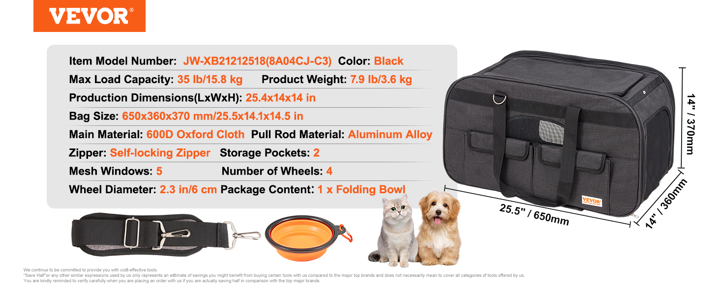 Тролей для собак VEVOR, 15.8 кг, чорний: зручний рюкзак-переноска для тварин з 4 колесами та кишенями для аксесуарів. Ідеально для подорожей та прогулянок.