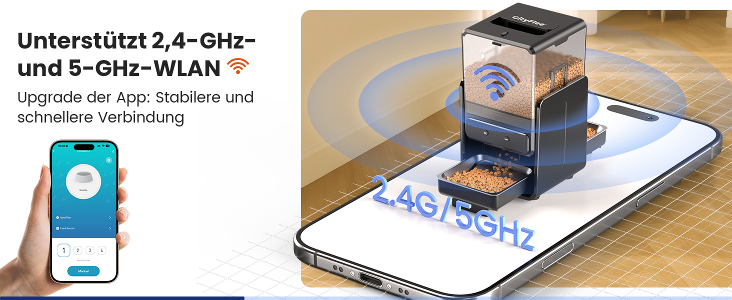 Автомат годування котів з App-керуванням, для 2 котів, регульована висота, 2 миски, 5-літровий бункер, з функцією запису голосу, таймер, WiFi