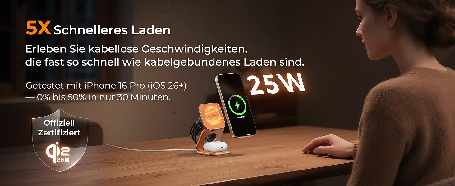 Бездротова зарядна станція KU XIU X40 Turbo Qi2.2 25W 3-в-1 для iPhone 17/16/15/14/13/12, Apple Watch та AirPods, алюмінієва, з адаптером GaN 45W (Космічний Помаранчевий)