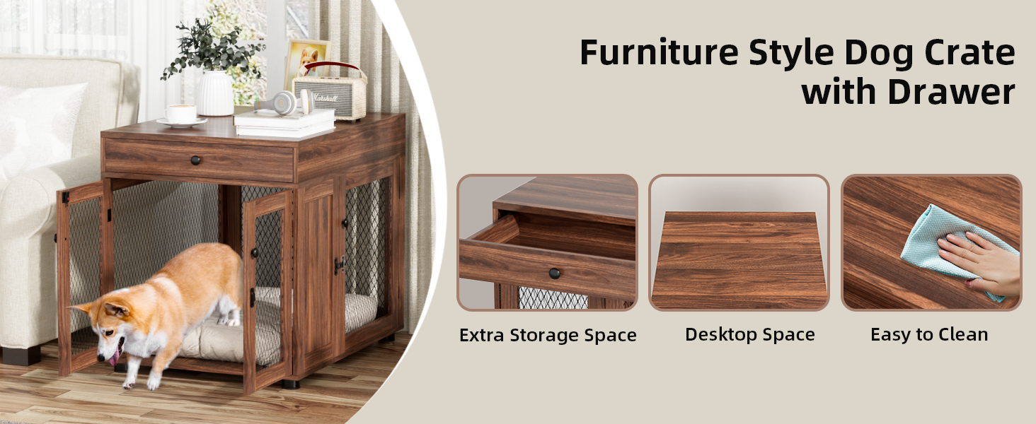 Клітка для собак VOWNER з дерева, 3 двері, з шухлядою, 51x60x62 см, для собак до 20 кг, колір горіх