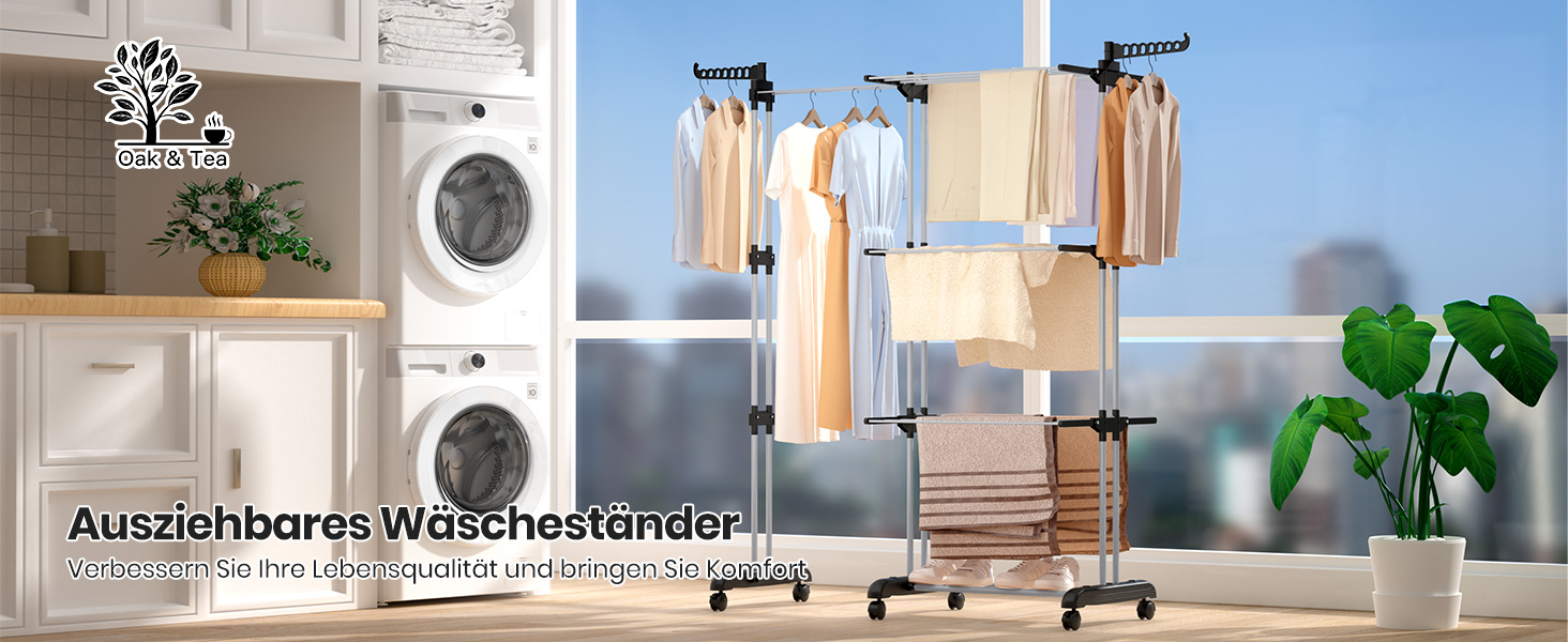 Сушарка для білизни Oak & Tea Turm, 83-200см, XXL, на колесах, 4 яруси, для дому та вулиці (Чорний)