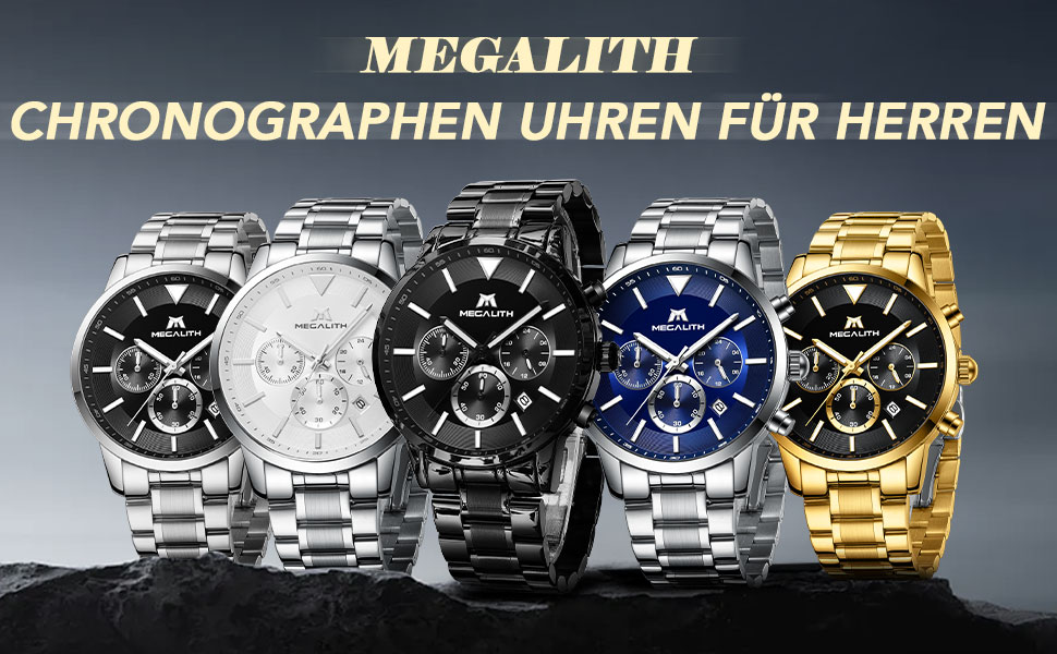 Чоловічий годинник MEGALITH з нержавіючої сталі, хронограф, водонепроникний: велике циферблат, дата, стильний подарунок для чоловіків (8345 Silver)