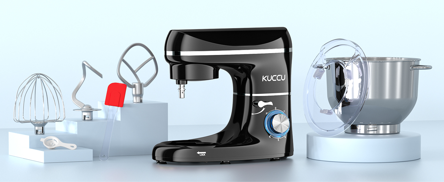 Кухонний комбайн-міксер 1500W з чашею з нержавіючої сталі 7Л, планетарний міксер для тіста з 6 швидкостями та набором насадок (гак, вінчик, міксер), чорний