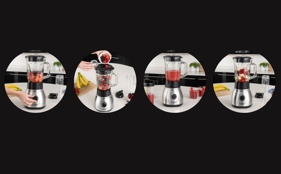 Стаціонарний блендер Russell Hobbs 2-в-1: 1,5 л скляна чаша + 0,6 л пляшка для смузі, нержавіюча сталь, подрібнення льоду, BPA Free, для коктейлів та смузі, модель 23821-56