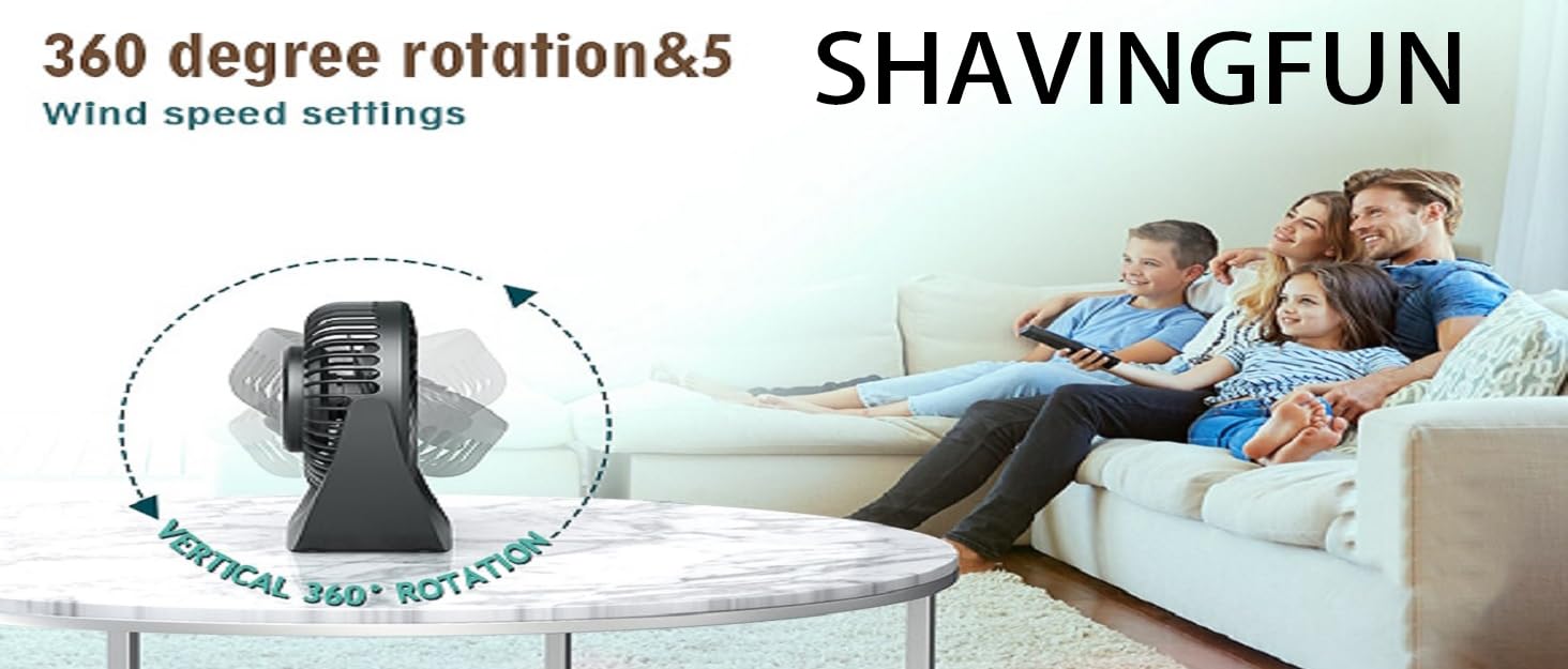 Настільний вентилятор SHAVINGFUN з USB-живленням, 4000mAh, 5 швидкостей, поворотний, тихий - для дому та офісу