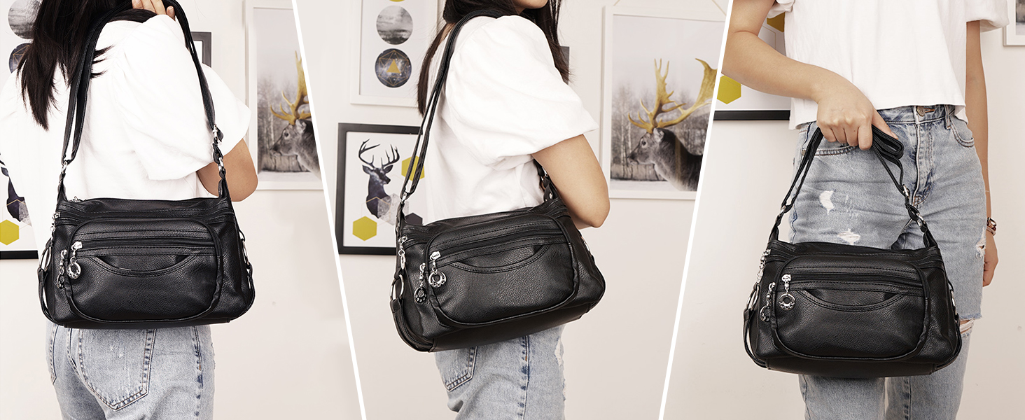 Сумка жіноча через плече NOTAG зі штучної шкіри, чорна: легка сумка-месенджер з декількома кишенями