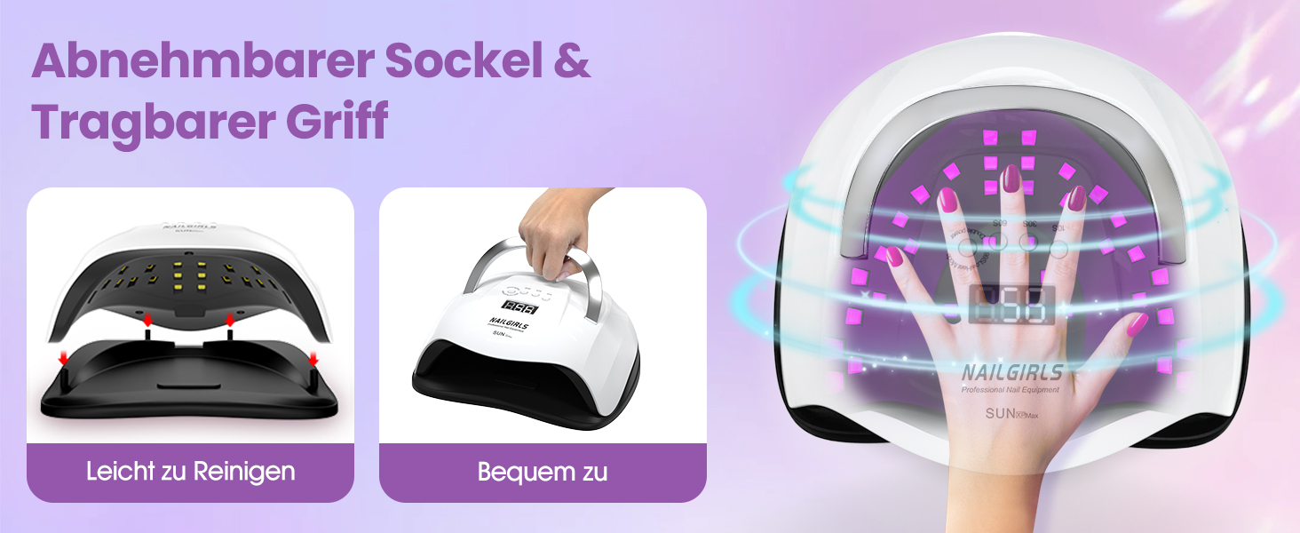 LED UV лампа для нігтів NAILGIRLS 150W з таймером, автосенсором та LCD дисплеєм. Підходить для гелевих нігтів пальців та ніг. Знімний магнітний майданчик.